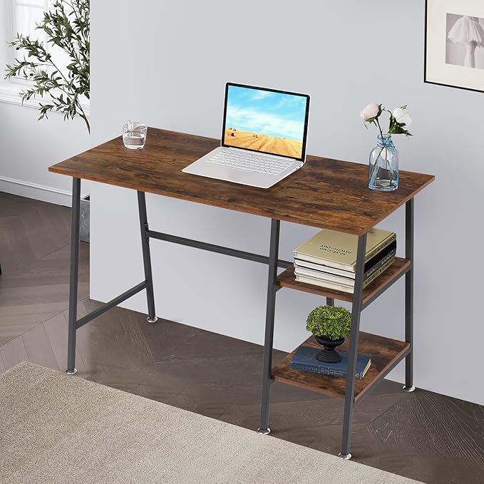 VECELO 43 Inch Computer Desk Home Office Classic Walnut Study Desk Work Office Table with Shelves Wooden Desk for Bedroom