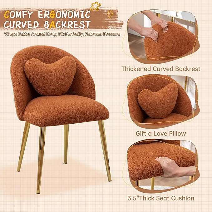 Vanity ChairAccent Makeup Comfy Cute Desk Girls Fluffy Chairs for Bedroom No Wheels Gold Metal Legs Stool (Teddy Brown)