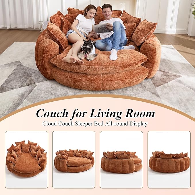 81'' Cloud Couches for Living Room Comfy Circle Round Couch Bed with 14 Pillows Upholstered Boneless Couch Oversized Chaise Lounge Chair Indoor Extra Wide Round Daybed Floor Sofa (Orange)