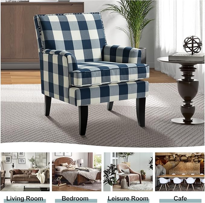 HULALA HOME Modern Accent Chairs Set of 2 Farmhouse High Back Buffalo Plaid Chairs with Wooden Legs &amp Nail Head Trim Comfy Upholstered Armchairs for Living Room/Bedroom (Buffalo Navy)