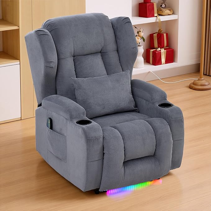 IPKIG Power Recliner Chair with Massage and Heat Electric Recliner for Living Room Home Theater Bedroom with LED Lights USB Charger Cup Holders Side Pockets &amp Lumbar Pillow (2 Grey)