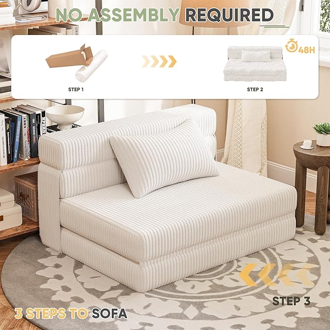 Homall Folding Sofa Bed Floor Couch Convertible Sleeper Chair with Pillow Comfy Futon Lounge Sofas Portable Fold Out Chair Bed for Living Room Small Space (Corduroy Cream)
