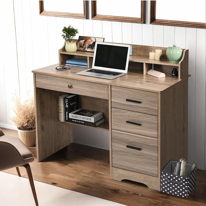 Catrimown Computer Desk with 4 Drawers and Hutch Wood Executive Desks with File Drawer and Shelves Small Desk Study Table for Bedroom Student Teen Writing Laptop Table Grey