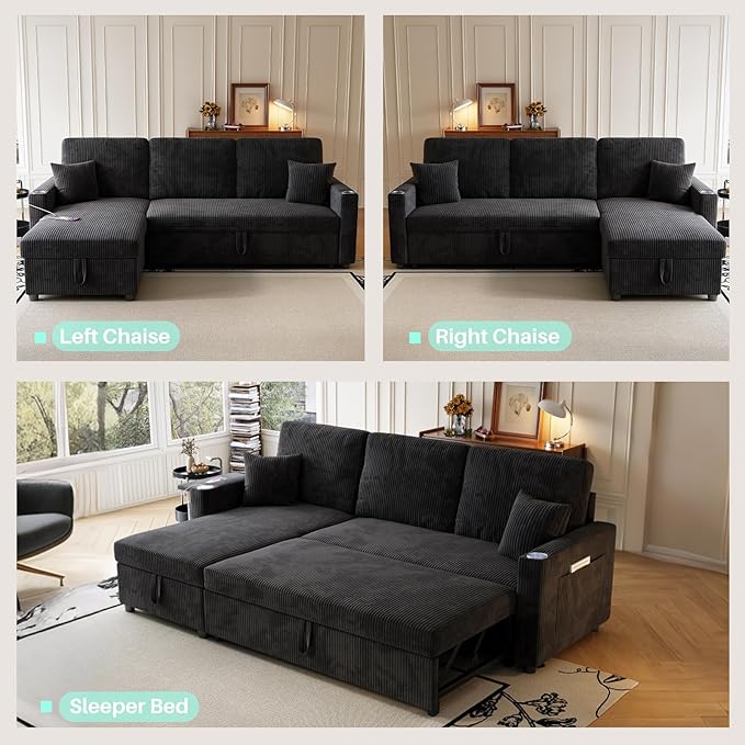 83 Sleeper Sectional Sofa Comfy Convertible Sofa Bed with Pull Out Couches Small Desktop Corduroy L Shaped Couch with Reversible Storage Chaise &amp USB for Living Room Apartment Black