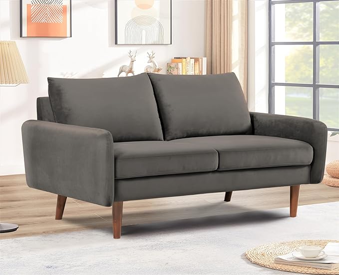 Kent Velvet Loveseat Sofa for Modern Living Rooms and Compact Spaces Comfy 2 Seater Couch Studio Apartment Furniture with Sleek Design Grey