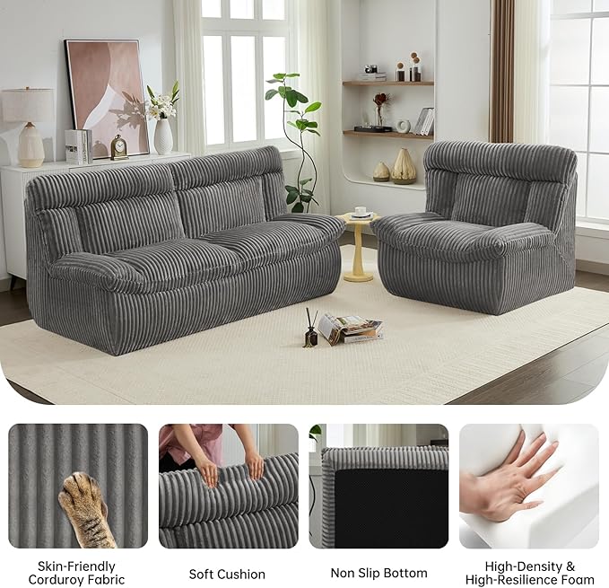 82 Boneless Corduroy Loveseat Sofa for Living Room Oversized Cloud 2-Seater Couch with Deep Seat Comfy Corduroy Couches Sofa with Memory Foam Grey Love Seat Couch No Assembly Required