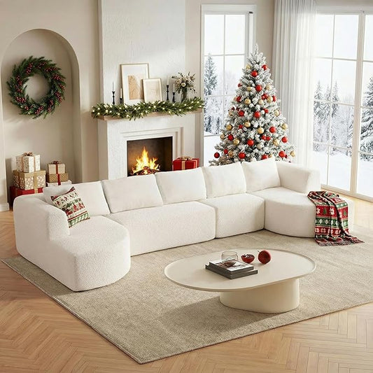 144 Oversized Sectional Sofa with Chaise Lounge Boneless Couches for Living Room Modern Luxury Chenille 5-Seater Sofa Deep Seat U-Shape Curved Cloud Couch No Assembly Required (White)