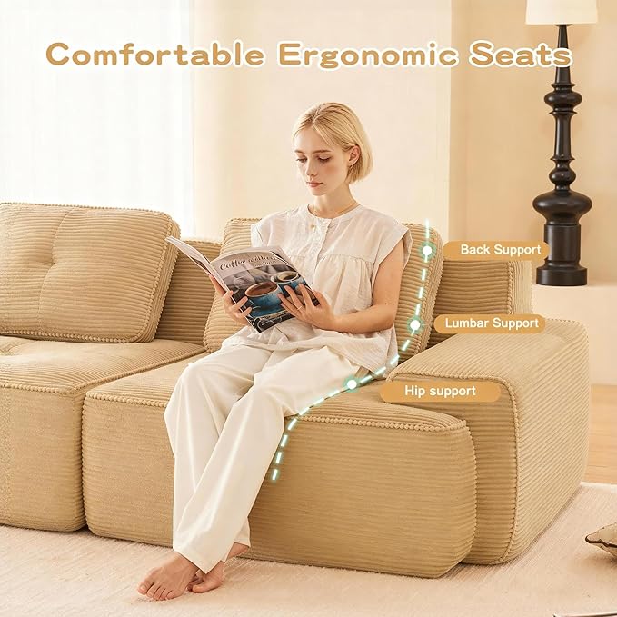 Casaphoria 115'' Boneless Sofa with Ottoman 3-Seater Modular Couch with 3 Pillows for Living Room L Shape Cloud Sectional Sofa No Assembly Camel