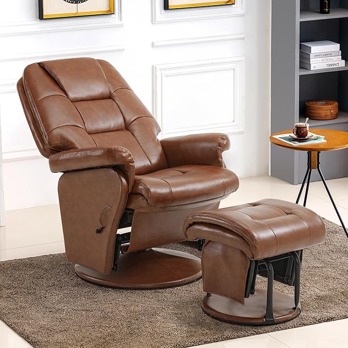 MCombo Swivel Glider Recliner with Ottoman Reclining Chair with Adjustable Back Faux Leather Upholstered Lounge Chair for Living Room Bedroom 4800 (Brown)