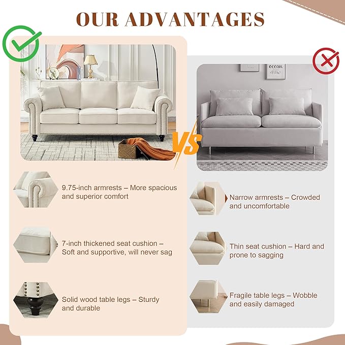 TTK 86 Modern 3-Seater Sofa with Rolled Arms Chenille Upholstered Couch with Sturdy Wood Legs and Elegant Nailhead Trim Comfortable Living Room or Apartment Sofa for Small and Large Spaces Beige