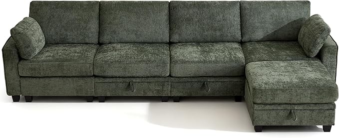 TUNYI 130 Sectional Couch with Storage Oversized Chenille Modular Sectional Sofa for Living Room Convertible Deep Seat Sofa Couches with Ottoman Armrest Pillow (Green)