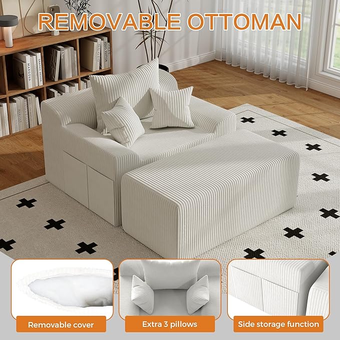 60'' Chaise Lounge Chair Indoor Oversized Upholstered Sofa Bed Sleeper Couch Reading Chairs Plush Corduroy Fabric Sofas Couches for Living Room (White)