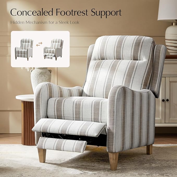HULALA HOME Pushback Recliner Chair with Solid Wood Legs Fabric Striped Comfy Upholstered Seating with Footrest Armchair for Living Room/Reading TAN