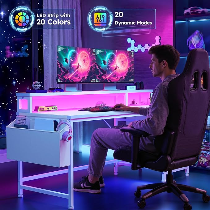 55 Gaming Desk with LED Strip Computer Desk with Drawers &amp Storage Bag Office Desks with Power Outlets &amp Monitor Stand Office Desk for Bedroom Gaming Room White