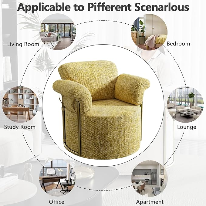 Swivel Accent Chairs for Living Room 360 Swivel Barrel Chair with Arm for Bedroom Upholstered Round Chair &amp Corner Chairs with Gold Frame for Small Spaces Chenille (Yellow)