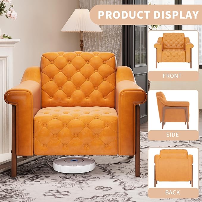EJUNQ Cozy Accent ChairPU Leather Modern Living Room ChairsMid-Century Office Reading ChairSingle SofaArmchair for Bedroom Apartment Waiting Room(Orange)