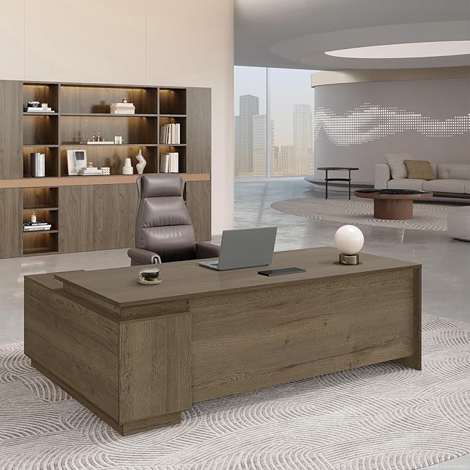 L-Shaped Executive Workstation with Lockable Drawers 63” Large Office Furniture with Storage Cabinet &amp Cable Management Reversible Home Office Setup (Walnut 63”×32”×30”)