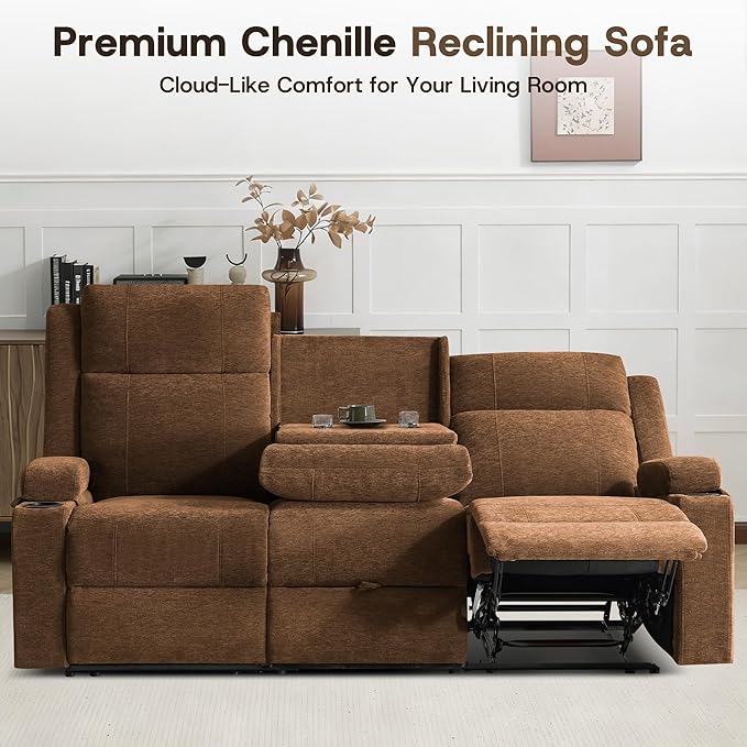 3-Seater Manual Reclining Sofa with Cup Holders Large Chenille Fabric Recliner Couch with Wide Seats Spill-Resistant &amp Easy Assembly Double Side Reclining Chairs for Living Room RV