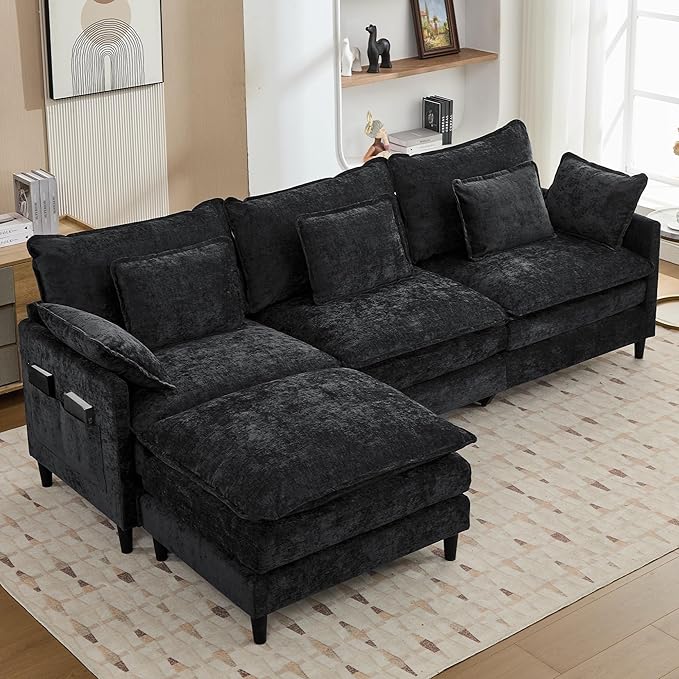 113 Chenille Modular Sectional Sofa Convertible L Shaped Modular Sofa Comfy Cloud Couch with Ottoman Side Pockets and 5 Throw Pillows for Living Room (Black 113'' - 4 Seat)
