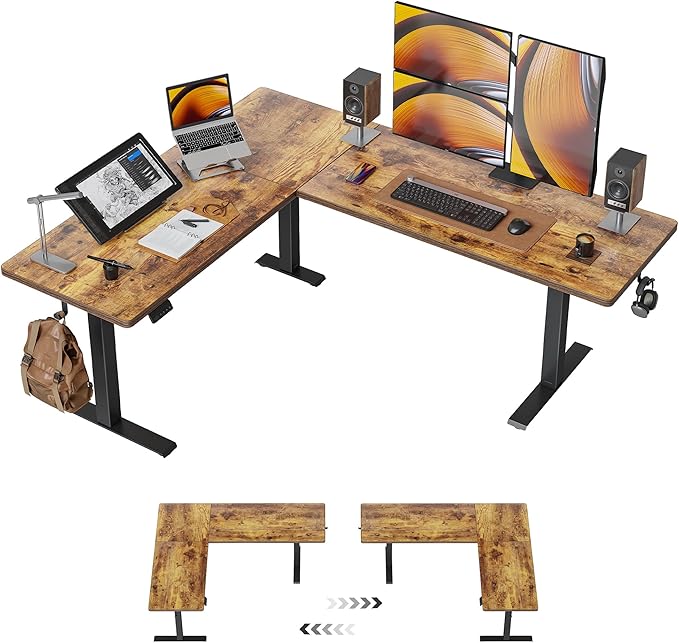 CubiCubi L Shaped Standing Desk 75 x 63 Inch Adjustable Height Electric Corner Desk Sit Stand Home Office Desk with Splice Board Rustic Brown（2 Packages