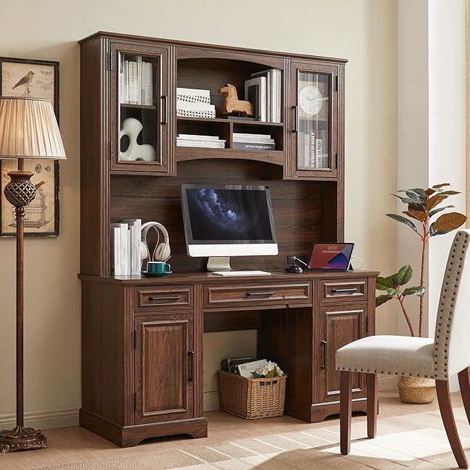 JXQTLINGMU Farmhouse 76 Height Computer Desk with Hutch Office Desk with Charging Station Drawers and Storage Cabinet Workstation for Office Home Brown