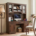 JXQTLINGMU Farmhouse 76 Height Computer Desk with Hutch Office Desk with Charging Station Drawers and Storage Cabinet Workstation for Office Home Brown