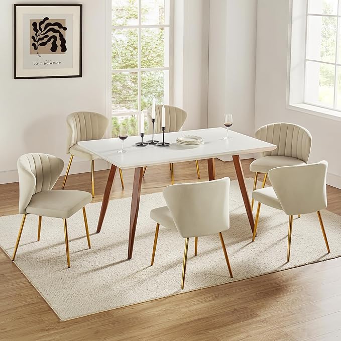HULALA HOME Dining Chairs Set of 2 Velvet Upholstered Kitchen &amp Dining Room Chairs with Metal Legs Vanity Chair Armless Side Chairs for Living Room Bedroom Restaurant Channel Curved Backrest Tan