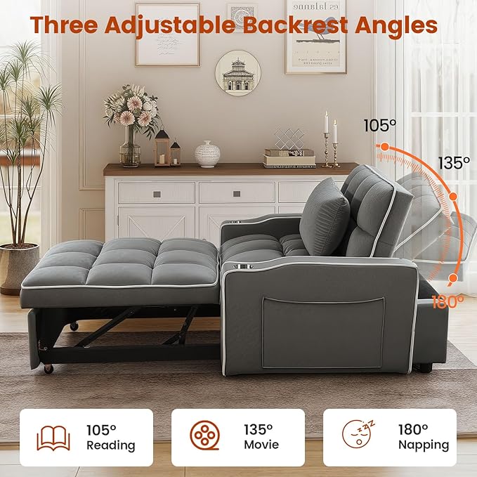 Sleeper Chair Convertible Pull Out Chair Sleeper with Bracket and Cup Holder Chairs Bed Sleepers for Adults 3 in 1 Sofa Bed Chairs for Small Spaces Living Room Gray
