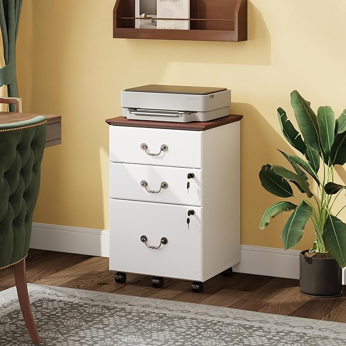 DEVAISE File Cabinet 3-Drawer Small Office Furniture with Lock Rolling Under Desk Filing Cabinet for Home Office White