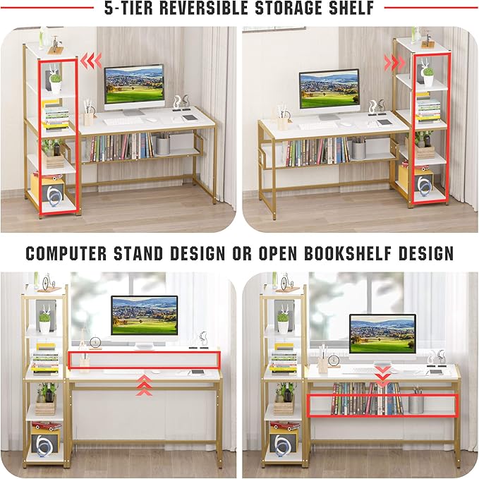 Teraves Computer Desk with 5 Tier ShelvesReversible Writing Desk with Storage 33 Inch Study Table for Home Office Independent Bookcase and Desk for Multiple Scenes