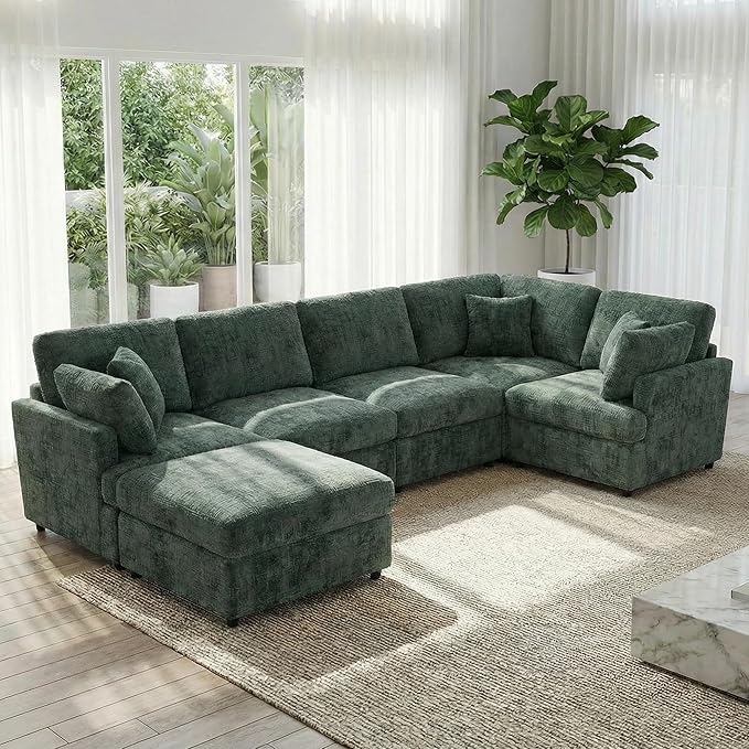 ERYE 122-Inch Modern Corner Modular Sectional Sofa Couches with Ottoman and 4 Toss Pillows Comfy Chenille Upholstered U-Shaped Sofa Convertible L-Shaped Symmetrical Couch