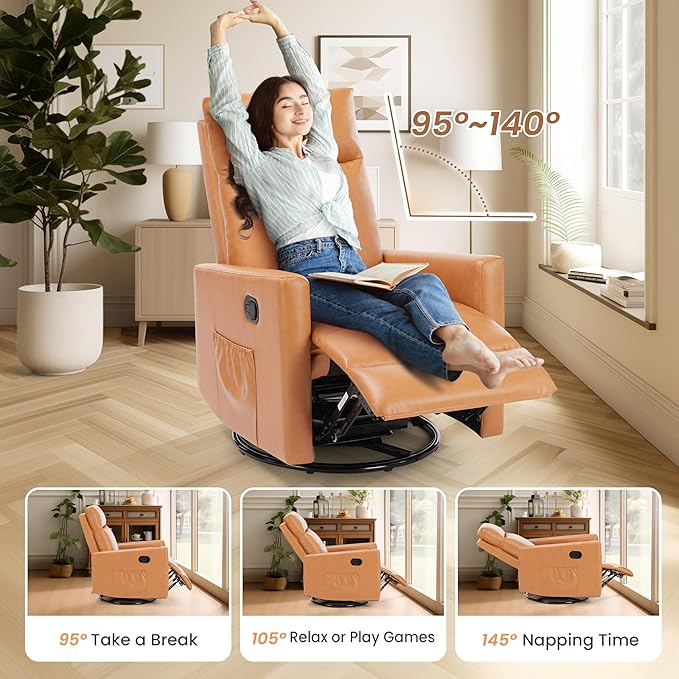 Swivel Recliner Chair Rocker Glider Chair for Living Room Office Faux Leather Recliner Chair Nursery Glider with Large Footrest Upholstered Deep Seat Single Sofa Chair High Back Brown