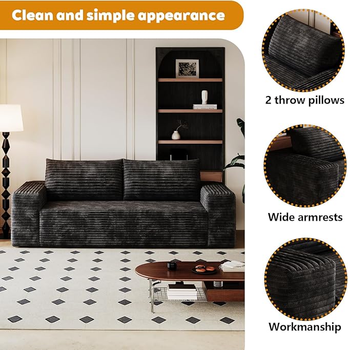 63 Sofa in a Box Compressed Boneless Couch with Wide Armrests &amp 2 Cushions Cloud loveseat Sofa for Living Room Memory Foam Deep Seat Corduroy Fabric No Assembly (Black 2)