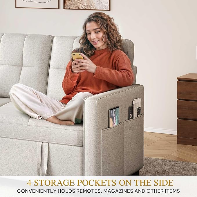 DWVO 55 Convertible Sofa Bed 3-in-1 Sleeper Sofa with Pull-Out Bed Linen Futon Couch with Adjustable Backrest and Side Pocket Modern Loveseat for Living Room Apartment Light Beige