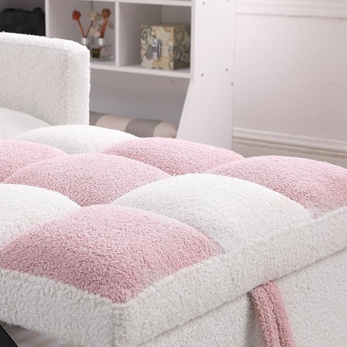 Sleeper Chair Bed Multi-Functional Convertible Chair Sleeper Teddy Fabric Adjustable Single Pull Out Sofa Bed with Lumbar for Apartment BedroomOfficeLiving Room (Beige&ampPink)