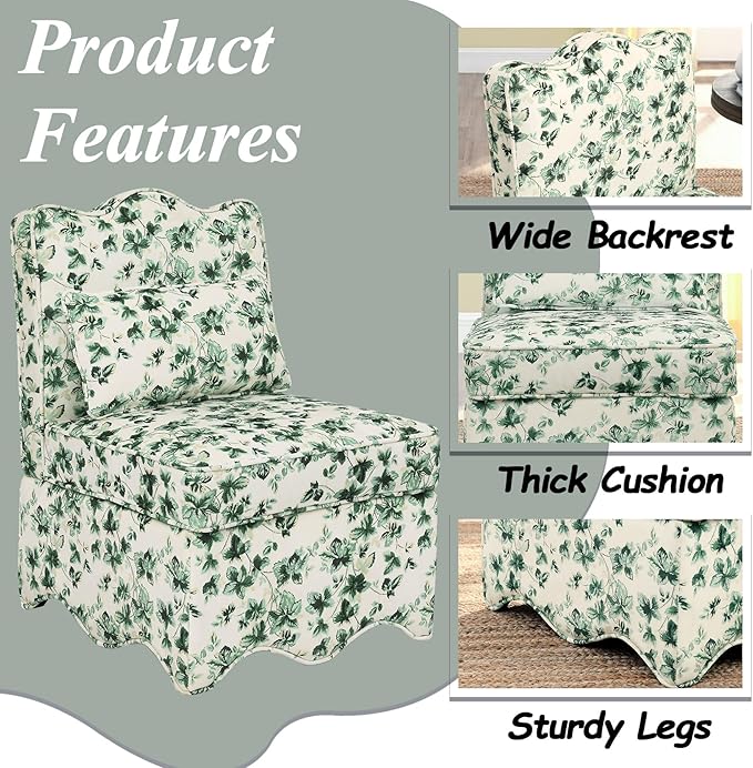 Floral Accent Chair Comfy with Pillow Armless Accent Chair for Bedroom Slipper Chair with Soft Seat Cushion and Backrest Side Chairs for Living Room Flannel Fabric Wave-Shaped (Green)