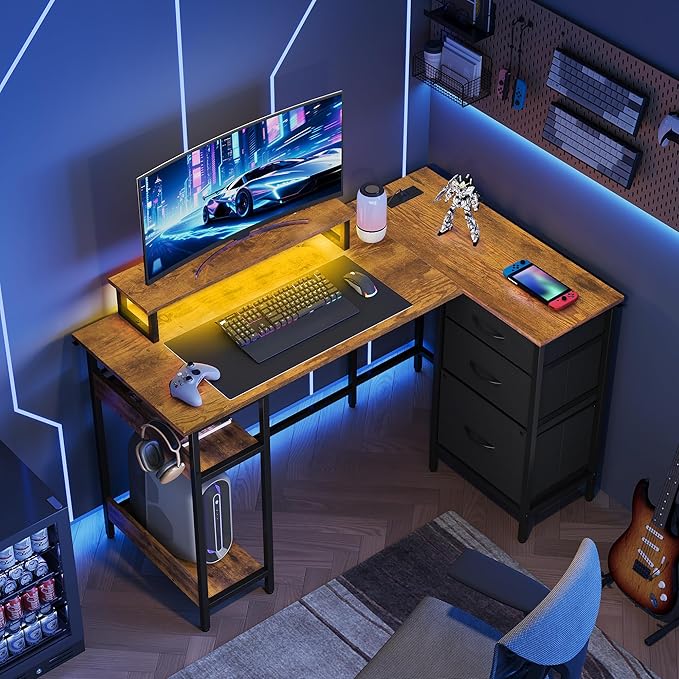 DEVAISE L Shaped Desk with Drawers and Storage L Shaped Office Desk with Power Outlets CPU Stand Monitor Stand Gaming Table with LED Light Corner Desk for Home Office (Rustic Brown 48*31 Inch)