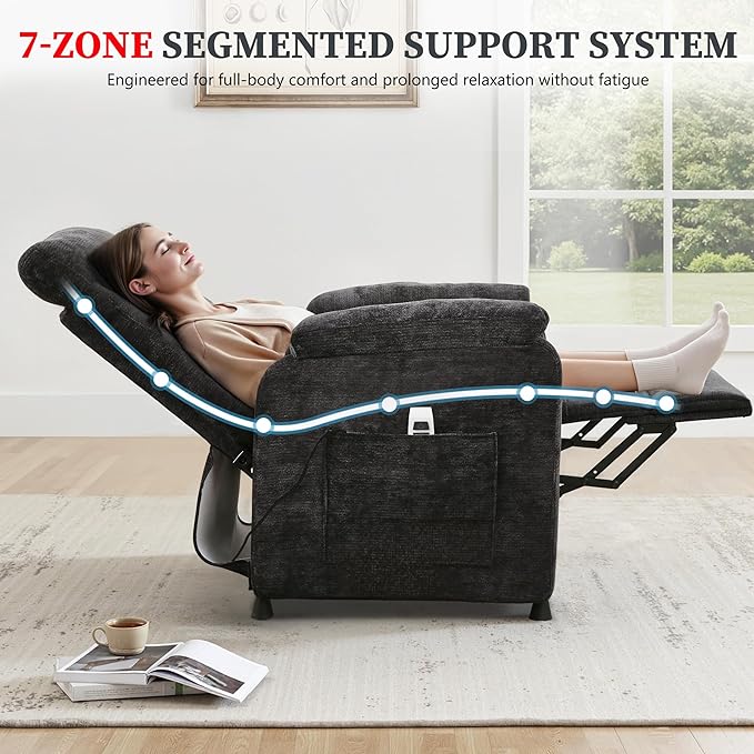 Electric Recliner Chair Power Recliner Sofa with Remote Adjustable Backrest and Side Pocket 7-Zone Support 350 LBS Soft Chenille Fabric Armchair for Living Room Bedroom Black
