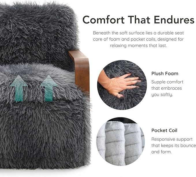 Furniture of America Ramos Modern Lounge Chair with Ultra Soft Faux Fur Long-Haired Accent Sofa Tight Seat and Back Single Couch Fluffy Living Room Seating No Assembly Needed Charcoal Gray