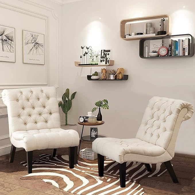 Alunaune Living Room Chair Modern Accent Chair Upholstered Tufted Armless Bedroom Chair Sofa Backrest Fabric Recliner Lounge Chair Wood Legs-Ivory