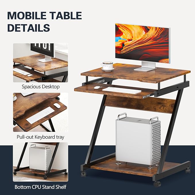 sogesfurniture Retro Computer Desk Small Mobile Workstation with Keyboard Tray Printer Shelf &amp Storage 23.6x18.9x28.7 inches Engineered Wood for Home and Office