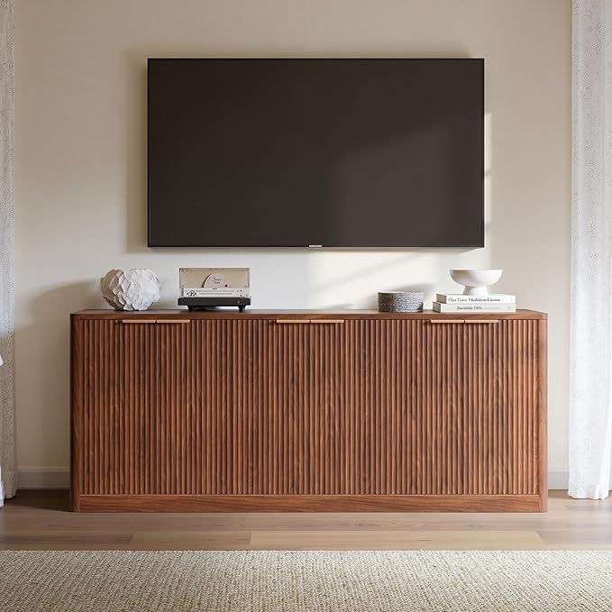 Evermagin 67 Walnut Fluted TV Stand for TVs up tp 75 Mid-Century Modern Entertainment Center with Storage Cabinets and Fluted Doors Wood Media TV Consoles for Living Room and Bedroom Furniture
