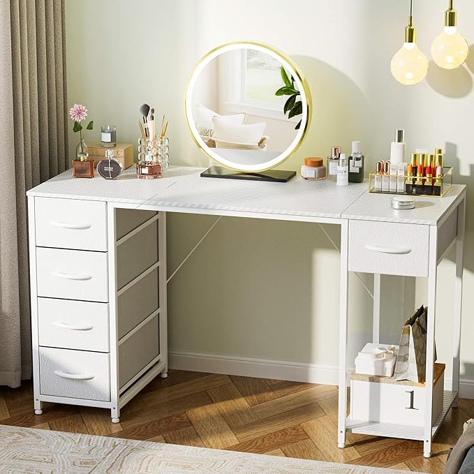 LUCKRACER Vanity Desk with 5 Fabric Drawers &amp Storage Shelves Makeup Dressing Table Computer Desks for Home Office Bedroom White No Mirror