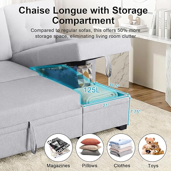 82 L Shaped Sleeper Sofa Bed: Sectional Sleeper Couch with Pull Out Bed Storage Chaise USB Charging 3 Seat Sectional Sofa Bed with Throw Pillow for Living Room (Linen Fabric Light Grey)