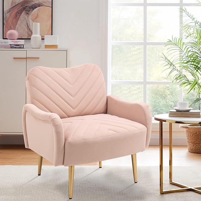 Velvet Accent Chair Comfy Upholstered Living Room Arm Chair Single Reading Sofa Chairs for Bedroom Office Small Spaces Waiting Room Furniture (Pink Chair)