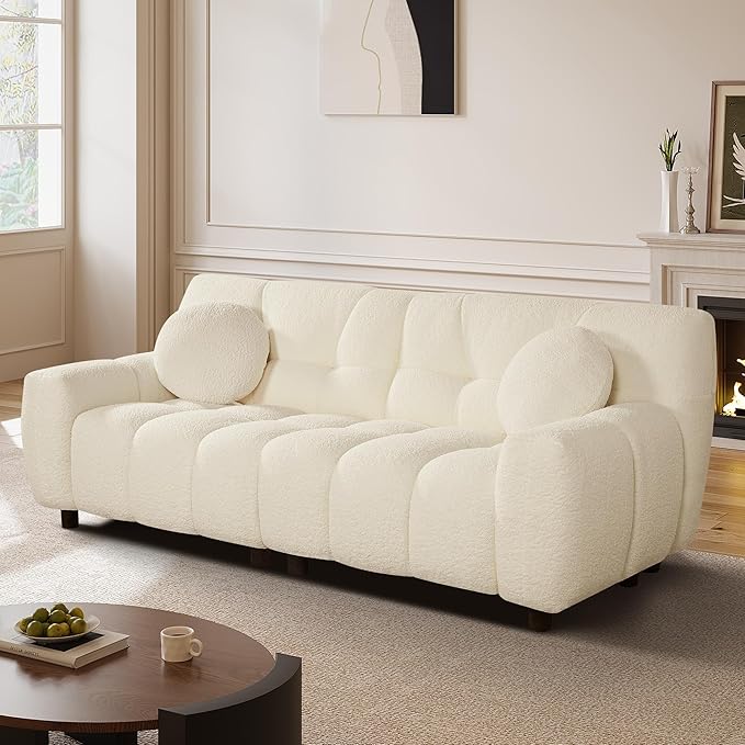73 Boucle Cloud Sofa Couch with 2 Soft PillowsComfy Upholstered Teddy 2 Seater LoveSeat SofaModern Deep Seat Sherpa Cloud Couch Oversized Love Seat for Living Room Bedroom Apartment Beige White