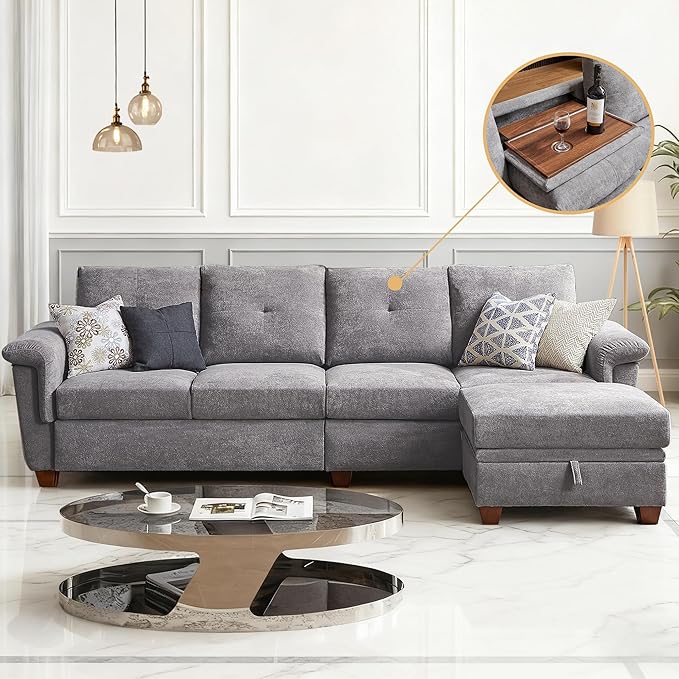 108 Sectional Sofa Convertible L Shaped Sofa with Ottoman and Large Storage 4 Seat Sectional Couch with Cup Holder Couches for Living Room Apartment Office (Light Grey)