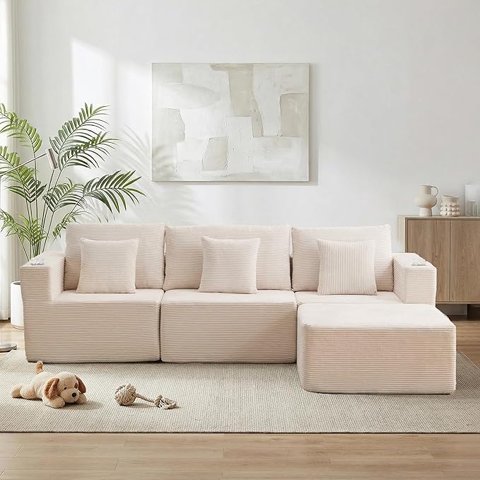 WELAX 104 Modular Sectional Couches for Living Room Boneless Couch L-Shape with Cup Holders &amp Pillows Modern Corduroy Cloud Sofa 4 Seater Home Comfy Sofas for Bedroom Beige