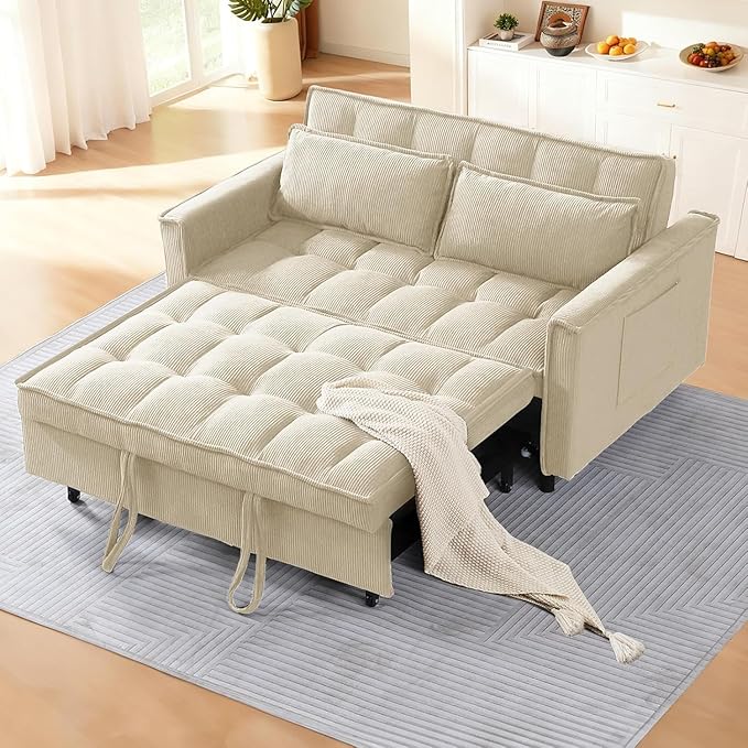 3 In 1 Corduroy Convertible Sofa BedPull Out Couch Bed with Reclining Backrest And 2 Pillows 54 Full Size Loveseat Sleeper Sofa Futon Couch Bed Couches For Small Spaces Living Room (Beige)