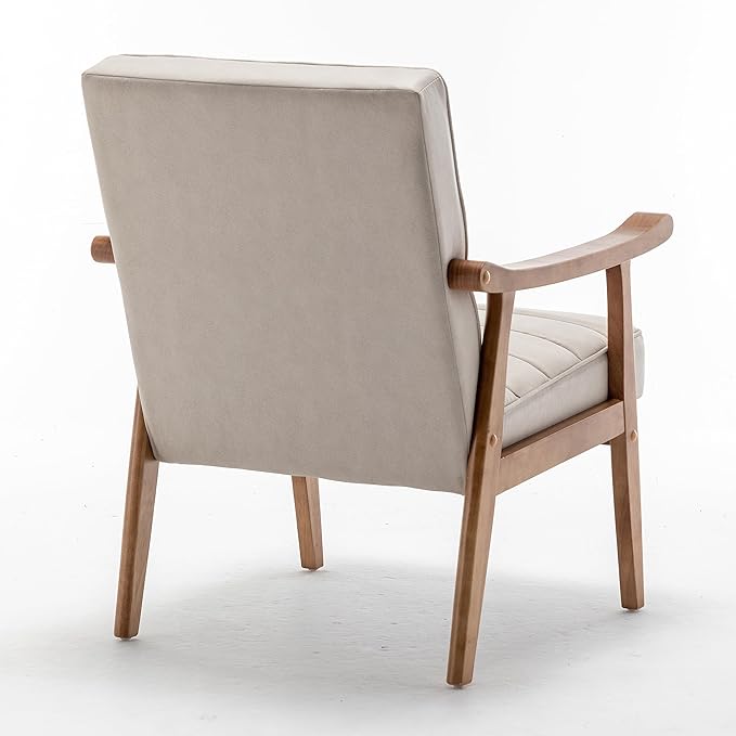 Unique Mid Century Modern Accent Chair with Open-Framed Armchair Design Plush Foam Cushioning and Leather-Look Microfiber Seat and Back Cushions Beige